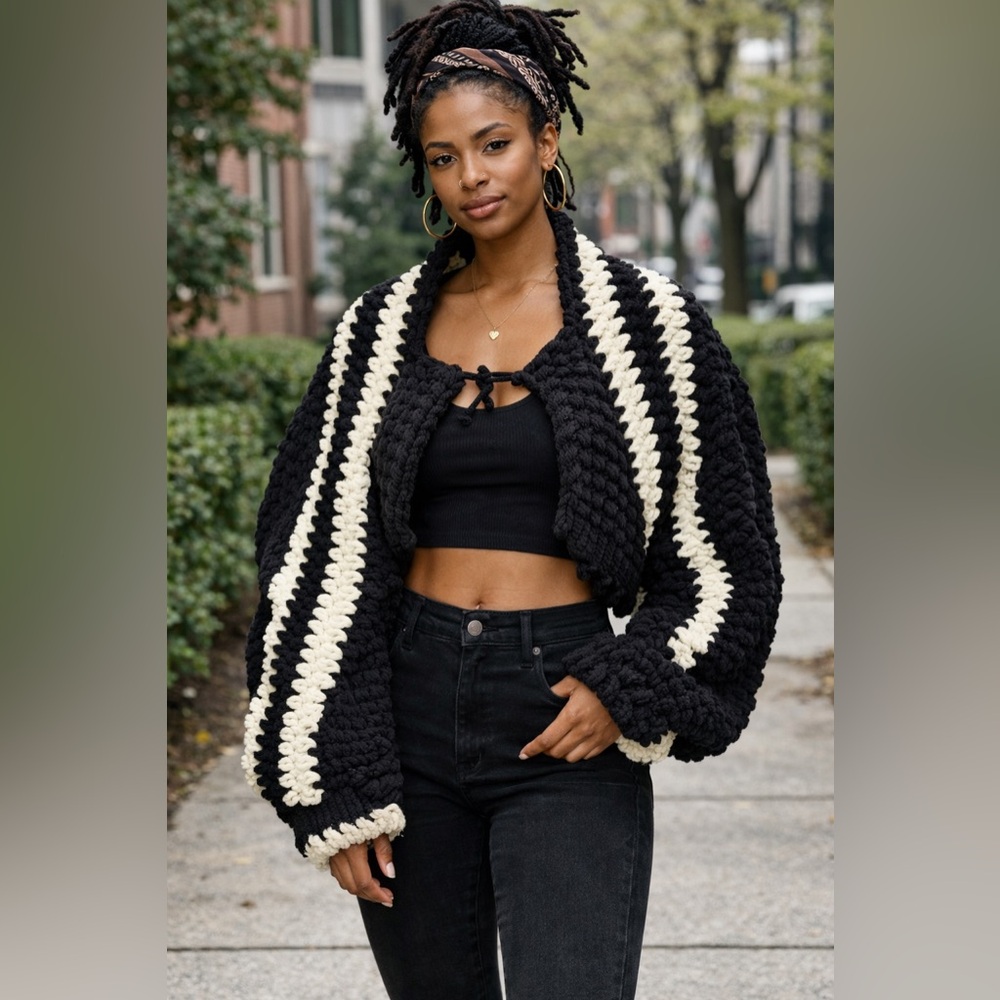 Handmade Chunky Crochet Chenille Knit Black & Cream Cropped Cardigan